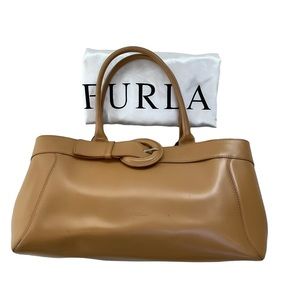 Furla Vintage Big Buckle Italian Leather Satchel Handbag Bag Purse Tan